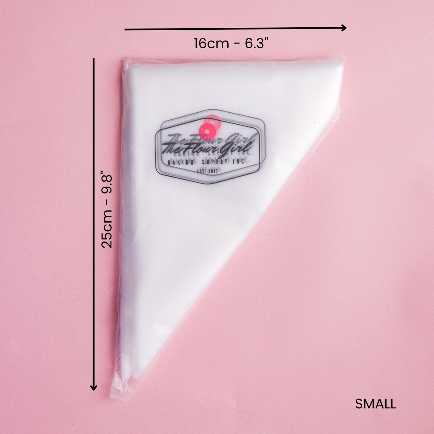 Pastry bag with measurement details on a pink background