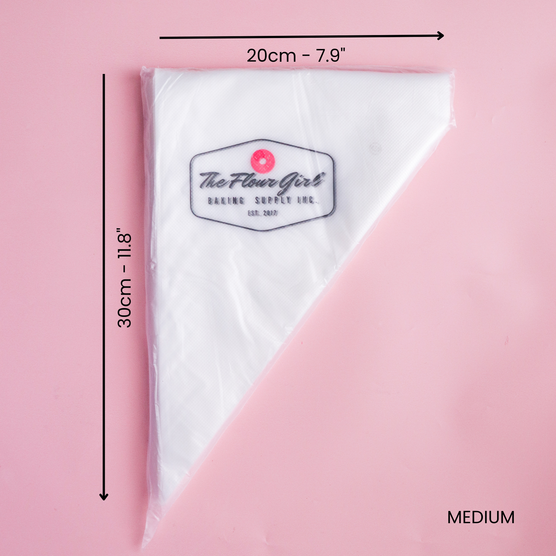White icing sheet with 'The Flour Girl' logo on a pink background, showing dimensions.